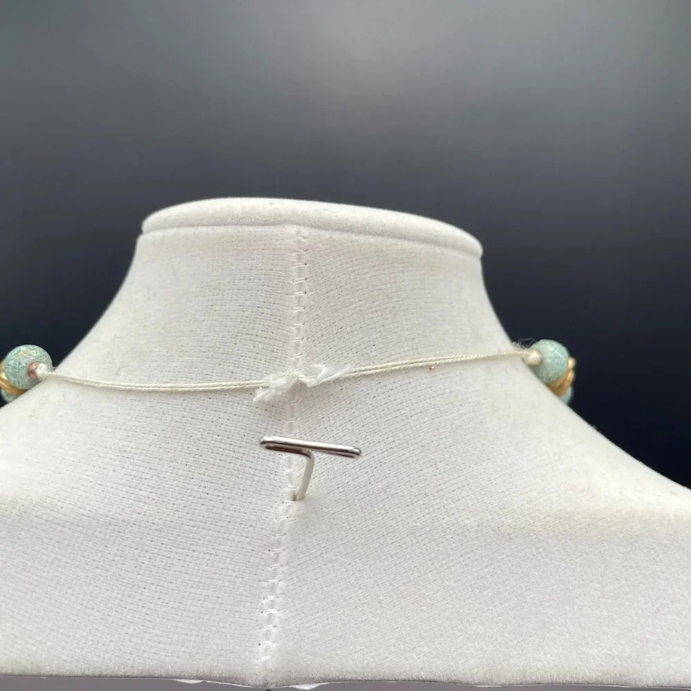 Vintage Turquoise Blue Textured Bead & Gold‎ Tone Necklace Boho Statement